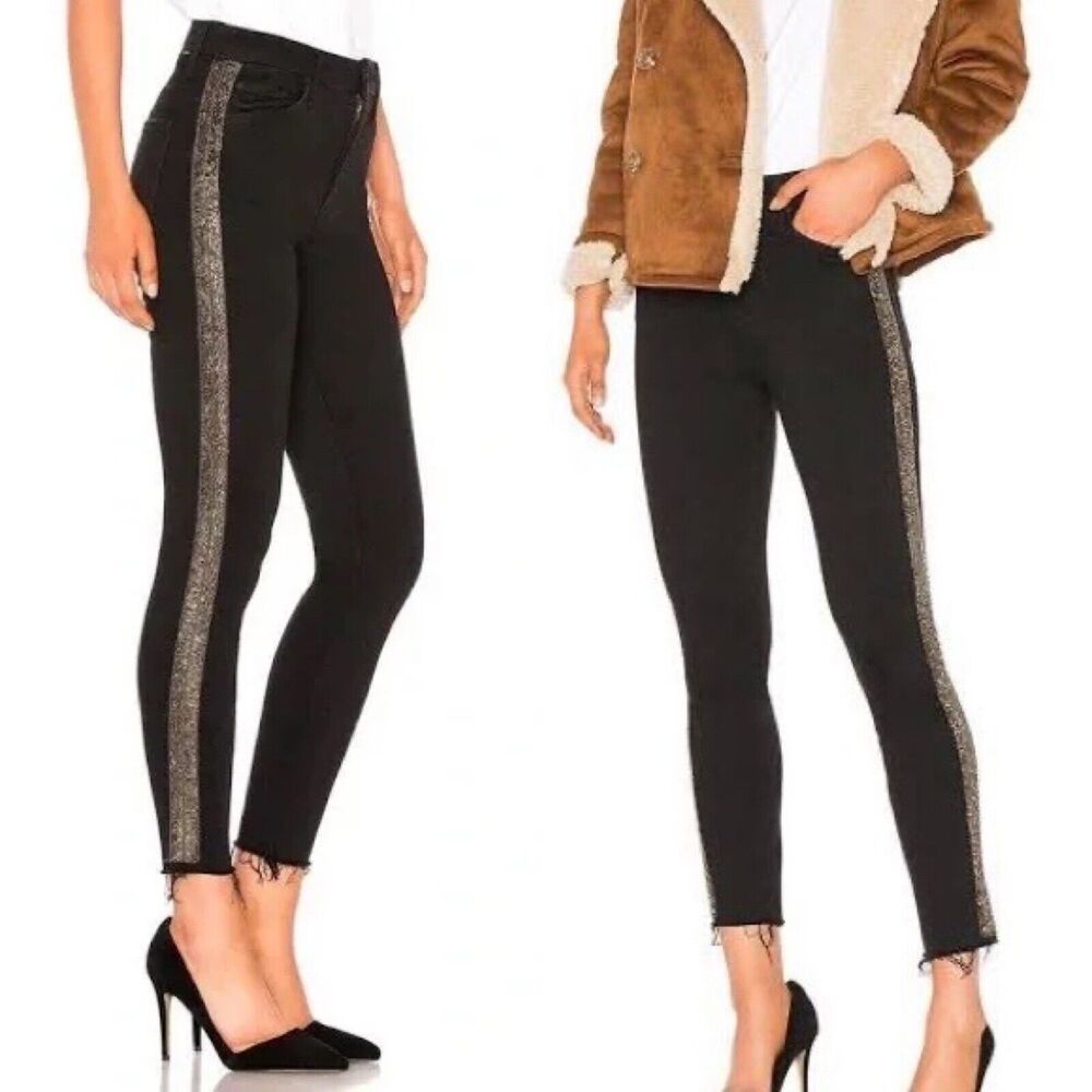 Mother High Waisted Looker Ankle Fray Guilty Flash Jean Beaded Stripe Black 25